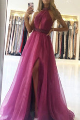A-line Purple Long Prom Dress With Beads, Tulle Formal Evening Dress DMP292
