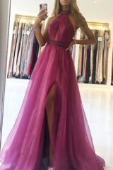 A-line Purple Long Prom Dress With Beads, Tulle Formal Evening Dress  DMP292