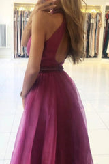 A-line Purple Long Prom Dress With Beads, Tulle Formal Evening Dress  DMP292