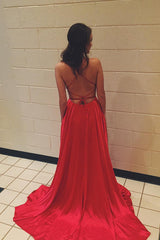 Red Spaghetti Strap Prom Dress with Pockets Sexy Long Split Party Dresses DMJ87