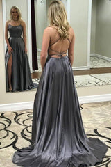 Grey Spaghetti Strap A Line Prom Dress Sexy Long Split Evening Dresses DMJ88