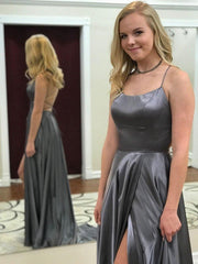 Grey Spaghetti Strap A Line Prom Dress Sexy Long Split Evening Dresses DMJ88