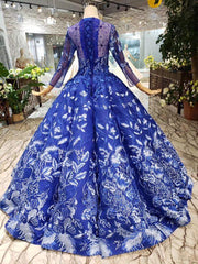 Royal Blue Long Sleeves Lace Prom Dresses,Ball Gown Quinceanera Dresses DMK6