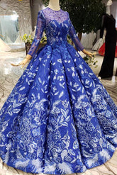 Royal Blue Long Sleeves Lace Prom Dresses,Ball Gown Quinceanera Dresses DMK6