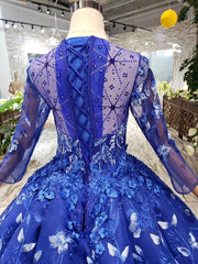 Royal Blue Long Sleeves Lace Prom Dresses,Ball Gown Quinceanera Dresses DMK6