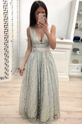 A Line V Neck Lace Prom Dresses, Cheap Long Evening Dress DMK20