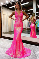 Lavender V Neck Mermaid Prom Dress, Sparkly Sequins Long Evening Gown DMP228