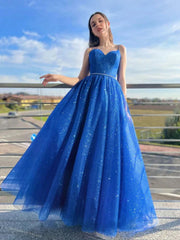 Shiny A Line Royal Blue Tulle Long Prom Dresses, Formal Evening Dresses DMP294