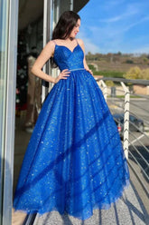 Shiny A Line Royal Blue Tulle Long Prom Dresses, Formal Evening Dresses DMP294