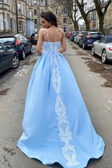 Sky Blue Satin A-line Sweetheart Lace Appliques Prom Dresses, Long Formal Evening Gown DMP216