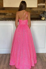 Sparkly Sequins Hot Pink A-line One Shoulder Long Prom Dresses With Pockets DMP213