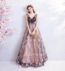 A Line V Neck Appliques Long Prom Dress With Stars Evening Dresses DMQ71