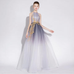 A Line Halter Tulle Long Prom Dresses With Appliques DML28