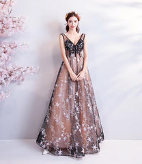 A Line V Neck Appliques Long Prom Dress With Stars Evening Dresses DMQ71