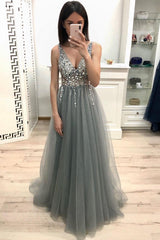 New A Line V Neck Grey Prom Dresses, Beaded Sequins Prom Dress DMK22