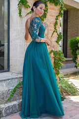 Teal Green A Line Tulle One Shoulder Floor Length Prom Dresses, Formal Evening Gown DMP214