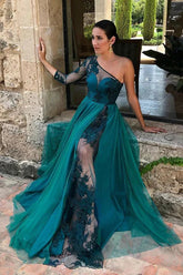 Teal Green A Line Tulle One Shoulder Floor Length Prom Dresses, Formal Evening Gown DMP214