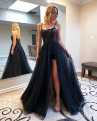 A-Line Black Long Prom Dresses with Sequins, Spaghetti Straps Tulle Evening Dress DMP199