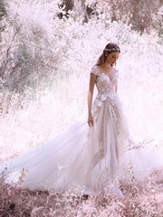 Princess Ivory Cap Sleeve Tulle Long Cheap Wedding Dresses DMM84