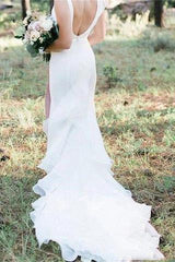 V Neck Backless Sheath White Wedding Dresses Long Simple Bridal Dresses DMN96