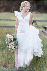 V Neck Backless Sheath White Wedding Dresses Long Simple Bridal Dresses DMN96