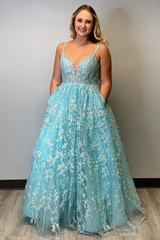 A-line Spaghetti Straps Lace Appliques Prom Dress Modest Long Evening Dress With Pockets DMS19