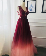 A-line Appliques Burgundy Tulle Long Prom Dresses Formal Evening Dress DMS22