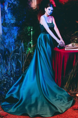 A-line Spaghetti Straps Dark Green Long Prom Dresses Evening Dress DMS21