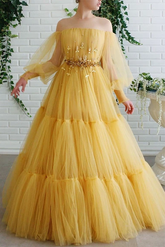 A-line Off-the-shoulder Yellow Tulle Long Prom Dresses Evening Dress DMS56
