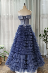 A-line Off-the-shoulder Royal Blue Long Prom Dresses Tulle Evening Dress DMS94