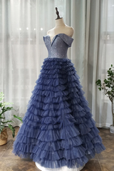 A-line Off-the-shoulder Royal Blue Long Prom Dresses Tulle Evening Dress DMS94