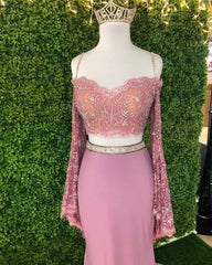 Chic Sheath Spaghetti Straps Pink Long Sleeves Prom Dresses Evening Dress DMT1