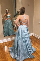 A-line Two Pieces Spaghetti Straps Sparkly Long Prom Dresses Evening Dress DMT3