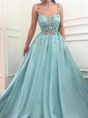 A-line Spaghetti Straps Flowers Long Prom Dresses Tulle Evening Dress DMT6