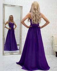 A-line Spaghetti Straps Grape Long Satin Prom Dresses Lace Top Formal Gowns DMR54