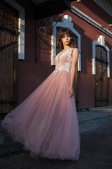 A-line Bateau Pink Tulle Long Prom Dresses Applique Formal Gowns DMR53