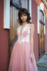 A-line Bateau Pink Tulle Long Prom Dresses Applique Formal Gowns DMR53