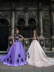 A-line Bateau Yellow Lace Appliques Ball Gown Prom Dresses Quinceanera Formal Dress DMR72