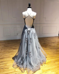 A-line Spaghetti Straps Lace Appliques Grey Tulle Long Prom Dresses Party Dresses DMR70