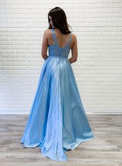 A-line V neck Lace Appliques Long Satin Prom Dresses Blue Evening Party Dresses DMR67