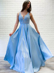 A-line V neck Lace Appliques Long Satin Prom Dresses Blue Evening Party Dresses DMR67