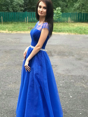 A-line Cap Sleeves Royal Blue Long Prom Dresses Beaded Evening Dresses DMR65