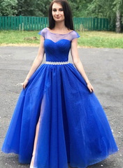 A-line Cap Sleeves Royal Blue Long Prom Dresses Beaded Evening Dresses DMR65