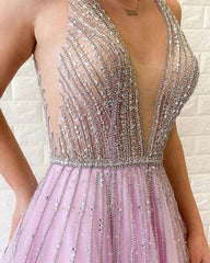 A-line V Neck Lilac Long Prom Dresses Tulle Beaded Evening Gowns DMR64
