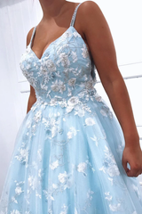 Spaghetti Straps Sky Blue Floral Appliques Long Prom Dresses Evening Dresses DMR61