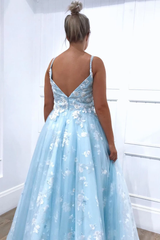 Spaghetti Straps Sky Blue Floral Appliques Long Prom Dresses Evening Dresses DMR61