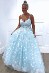 Spaghetti Straps Sky Blue Floral Appliques Long Prom Dresses Evening Dresses DMR61