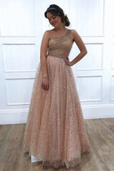 A-line One Shoulder Sparkly Long Sequins Prom Dresses Evening Dresses DMR62