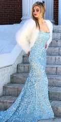 Mermaid Sky Blue Sequins Long Prom Dress Cheap Evening Dresses DMR57