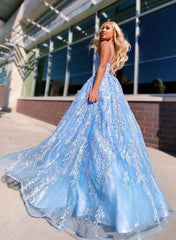 A-line Spaghetti Straps Lace Appliques Sky Blue Long Prom Dresses Evening Dresses DMR51